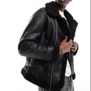Pull&Bear Leather aviator jacket with shearling lining in black